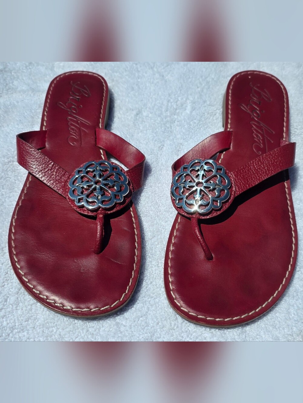 Brighton Burgundy Leather Thong Sandals with Silver Filigree Medallions
